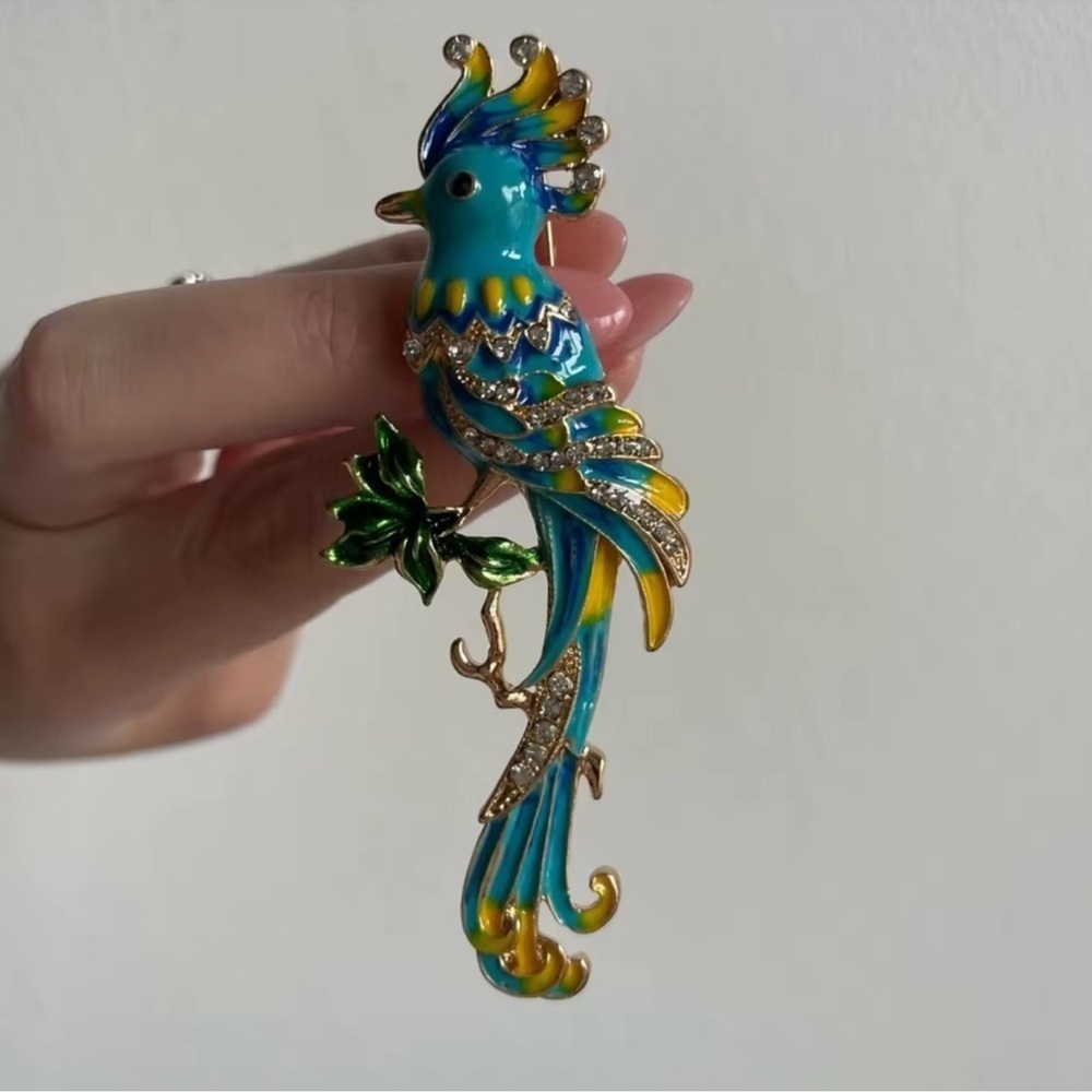 Colorful Bird Blue Gold Brooch - Picture 1 of 6